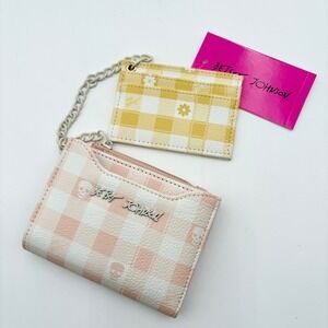 BETSEY JOHNSON Pink White Skulls XOFLO Checkered Yellow Floral Chain Wallet NWT‎
